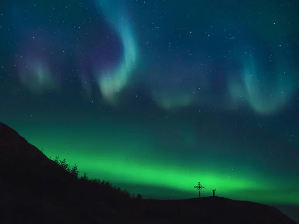 Una Hermosa Vista Isla Del Atlántico Norte Con Luces Polares — Foto de Stock