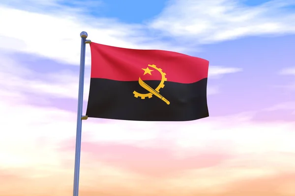 青い空にクロムの旗竿を持つアンゴラの波の旗の3Dイラスト — ストック写真