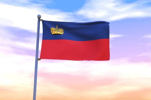 Renkli Gökyüzünde Krom Bir Bayrak Direğiyle Boyutlu Dalgalanan Liechtenstein Bayrağı — Stok fotoğraf