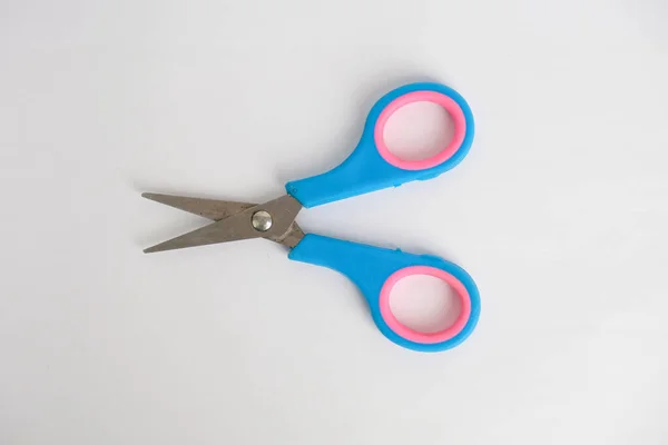 Top View Scissor Blue Pink Handle Isolated White Background — Stock Photo, Image