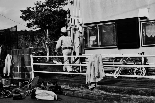 Grayscale Shot Japanese Construction Workers Ise City Mie Prefecture Japan — Stock Photo, Image