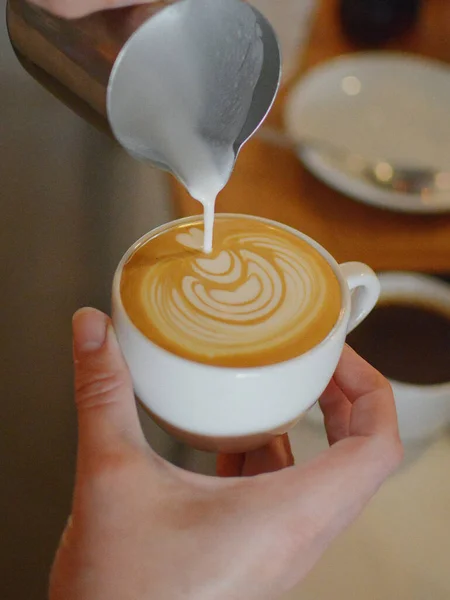 Vertical Closeup Shot Female Barista Pouring Stream Milk Coffee Making — Stock Photo, Image