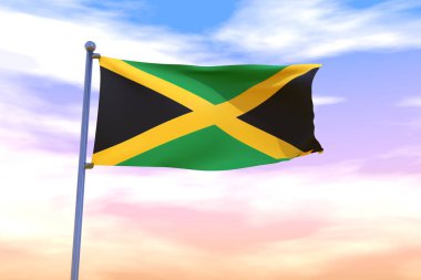 Renkli gökyüzünde krom bir bayrak direğiyle Jamaika 'nın 3 boyutlu dalgalanan bayrağı