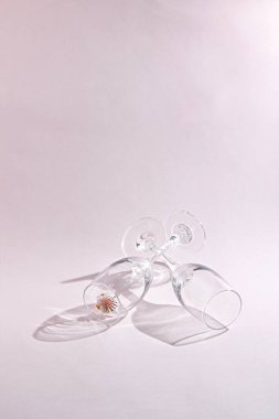 İki boş şarap kadehi ve küçük kiraz çiçeği güneş ışığının altında beyaz bir arka planda izole edilmiş.