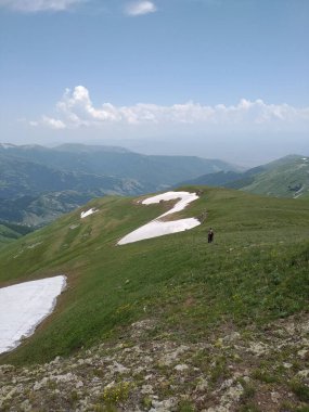 Yeşil tarlaları kısmen Teghenis, Ermenistan 'da karla kaplı kayalık dağ sırası.