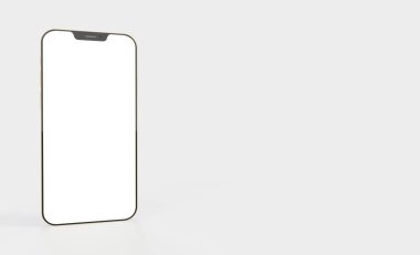 Metin için alanı olan beyaz bir arkaplan üzerinde 3D oluşturulmuş gerçekçi bir akıllı telefon