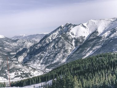Karlı bir ormanın ve açık gökyüzünün altındaki dağların güzel manzarası.