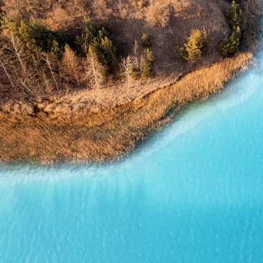 Etrafı donuk ve ormanlarla çevrili mavi bir deniz ve kıyının havadan çekilmiş görüntüsü.