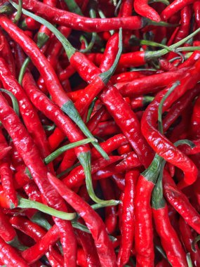Bir sürü kırmızı acı biberin dikey çekimi.