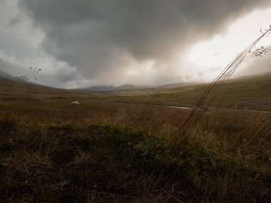 Bulutlu bir günde İzlanda 'da yaklaşan fırtınalı yeşil bir tepe manzarası