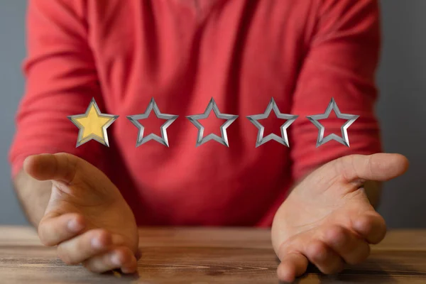 A 3D illustration of the rating stars over the hands