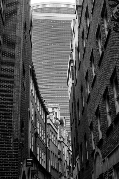 イギリスのロンドンを背景に高層ビルが立ち並ぶロンドンの路地のグレースケールショット — ストック写真