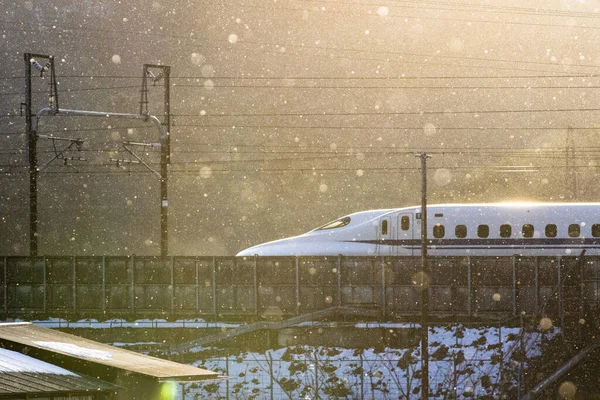 Ein Bewegungsbild Des Weißen Kugelzuges Shinkansen Winter — Stockfoto