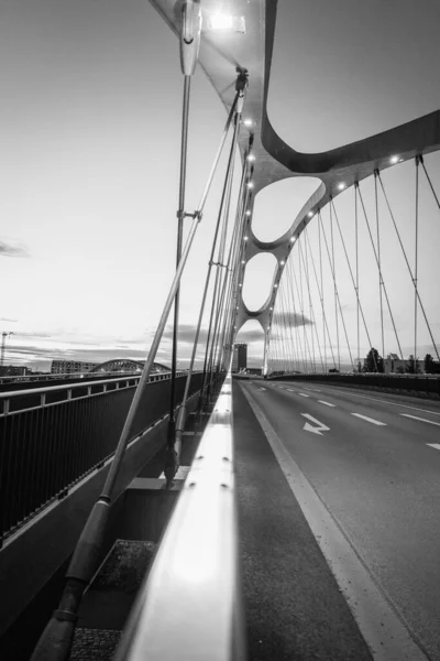 Eine Vertikale Graustufenaufnahme Einer Modernen Brücke Mit Neu Gebauter Asphaltstraße — Stockfoto