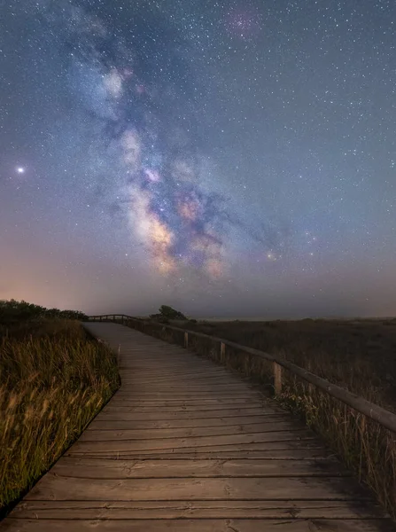 a vertical shot of wooden path against star sky