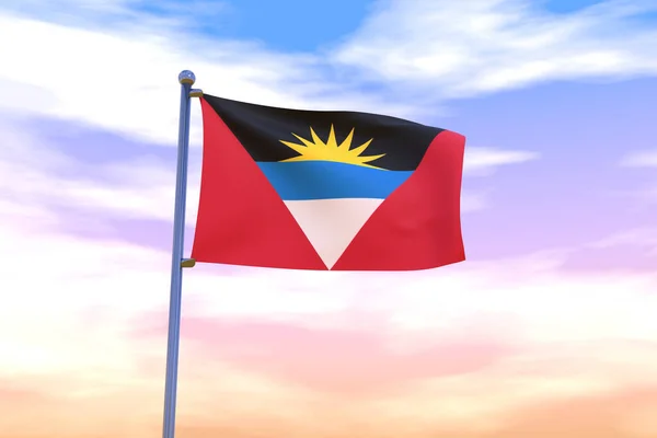 Illustration Waving Flag Antigua Barbuda Chrome Flag Pole Blue Sky — Stock Photo, Image