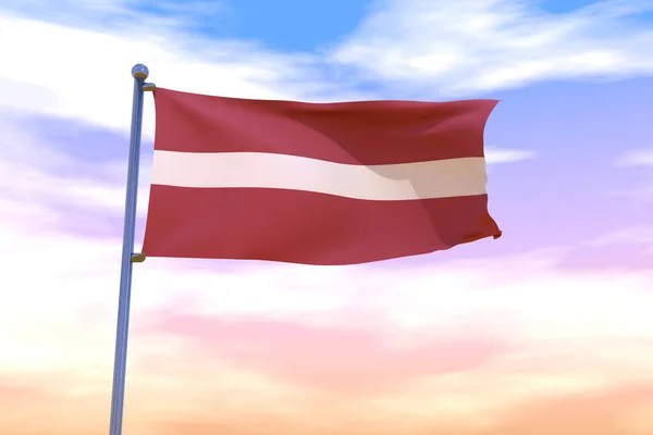 Illustration Waving Flag Latvia Chrome Flag Pole Cloudy Sunset Sky — Stock Photo, Image