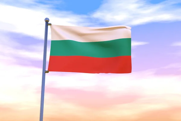 Ілюстрація Розмахуючого Прапора Болгарії Хромованим Прапором Синьому Небі — стокове фото