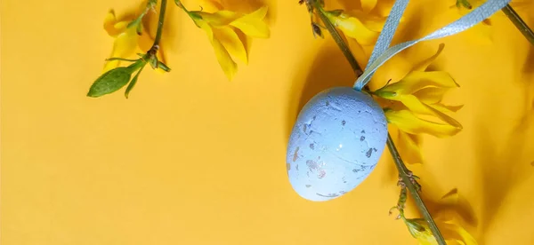 Una Decoración Azul Rosa Huevos Pascua Colgando Ramas Arbustos Amarillos — Foto de Stock