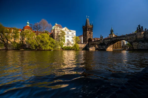 Hermoso Plano Del Puente Carlos Antiguos Edificios Históricos Junto Río — Foto de Stock