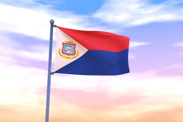 Uma Bandeira Acenando Sint Maarten Pólo Bandeira Com Céu Nublado — Fotografia de Stock