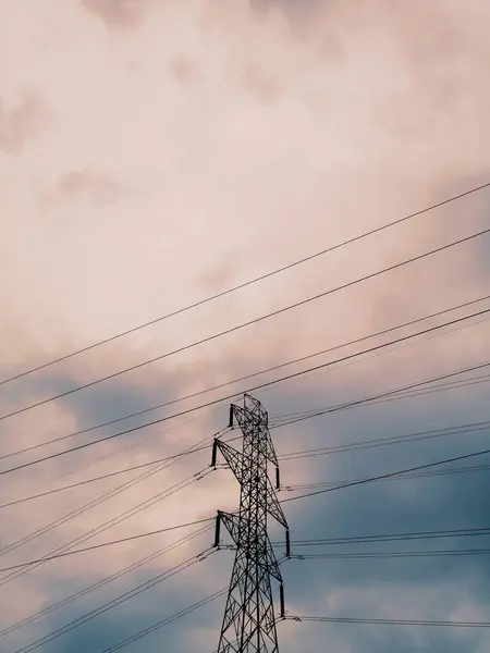 曇った空に対する送電線の垂直低角度ショット — ストック写真