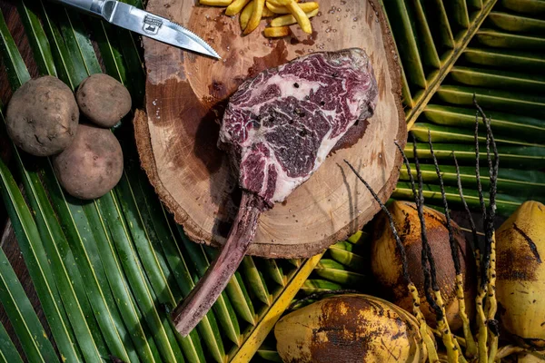 Belo Tiro Carne Crua Com Batatas Fritas — Fotografia de Stock