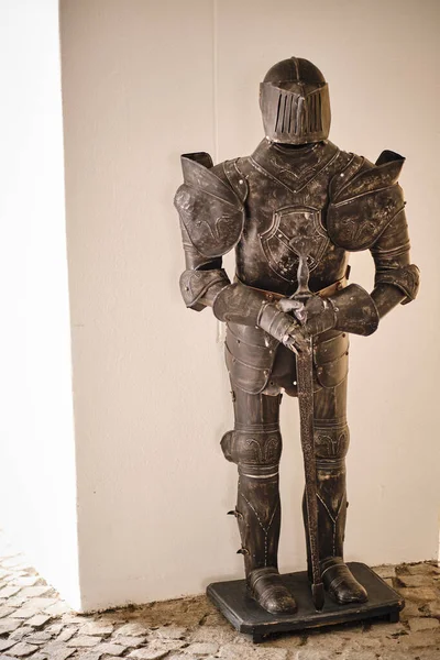 Een Verticaal Shot Van Een Ijzer Knight Armor Beeldhouwkunst Een — Stockfoto