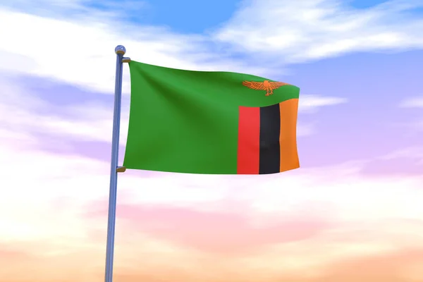 구름낀 하늘을 배경으로 깃발에 잠비아 국기를 흔들고 — 스톡 사진