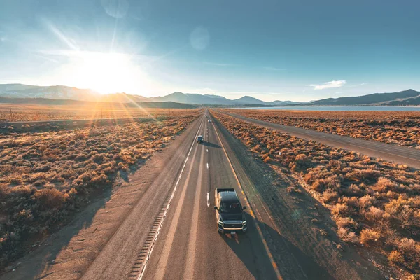 Drone Shot Cars Driving Highway Sunset — Stock Photo, Image