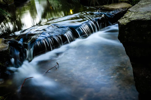 Tiro Close Uma Pequena Cachoeira Fluindo Jusante Uma Floresta Com — Fotografia de Stock