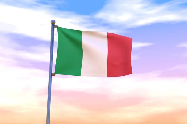 A 3D illustration of a Waving flag of Italy with a chrome flag pole in the blue sky waving in the wind. High resolution flag with clarity