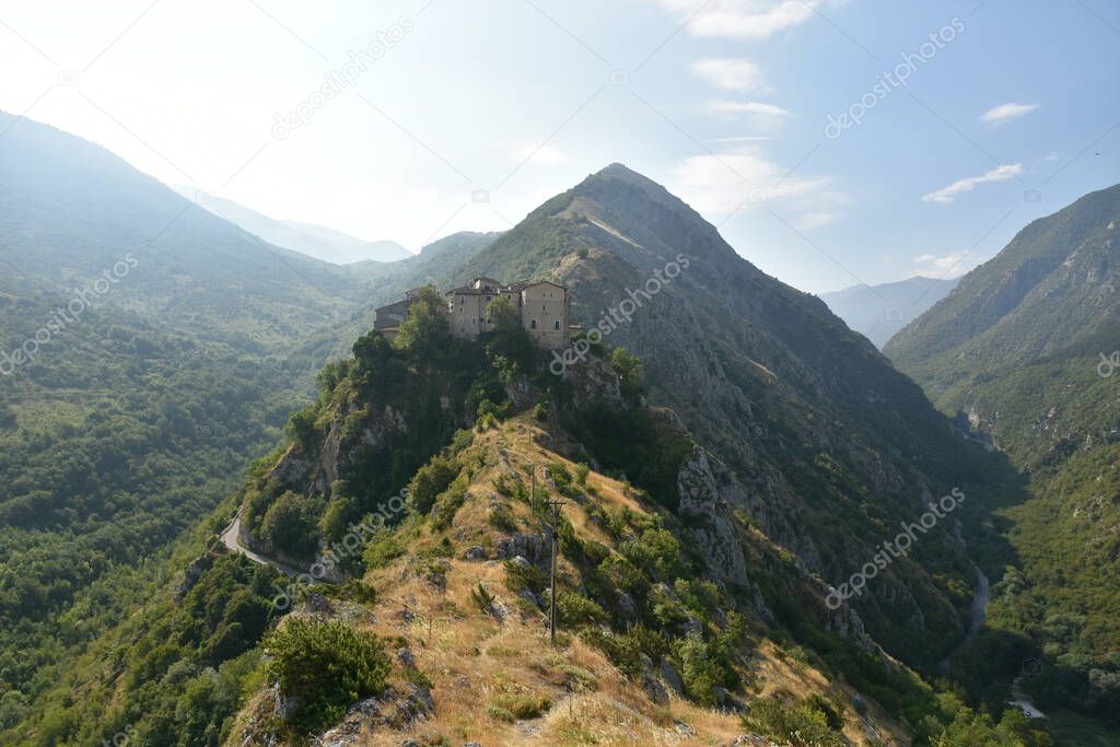 A panoramic view of Castrovalva, a village in the mountains of the Abruzzo region, Italy