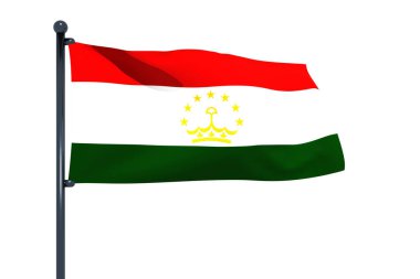 Beyaz arkaplan ile izole edilmiş krom bir bayrak direğiyle Tacikistan bayrağının 3 boyutlu bir çizimi