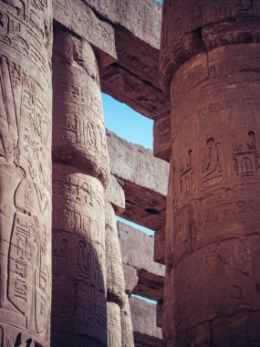 Karnak Tapınağı 'nın antik sütunlarının dikey bir görüntüsü, oymalar, Luxor, Mısır