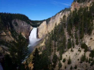 Ağaçlı yüksek dağdan gelen bir şelalenin manzaralı görüntüsü.