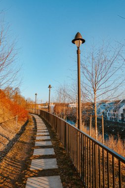 Mahallenin yanındaki taş bir fayans patikasının dikey görüntüsü.