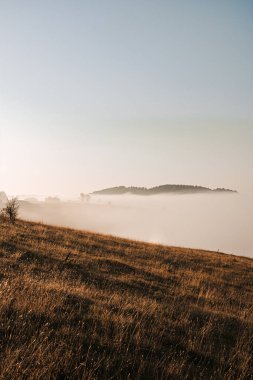 Kırsal kayalıkların üzerinde süzülen bulutların dikey görüntüsü