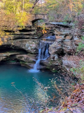 Ormanda akan küçük taştan köprüsü olan bir nehrin dikey görüntüsü.