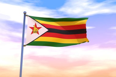 Arka planda bulutlu gökyüzü olan bayrak direğinde sallanan Zimbabwe bayrağı.