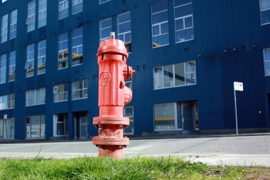 Arka planda yangın çıkışı için kaldırımda duran eski bir yangın musluğu var.