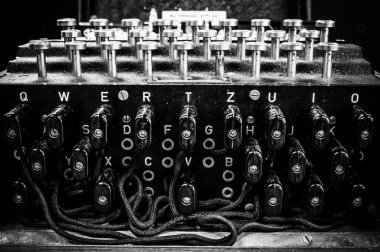 A grayscale shot of the plugboard of a rare German World War II Enigma machine at Bletchley Park clipart