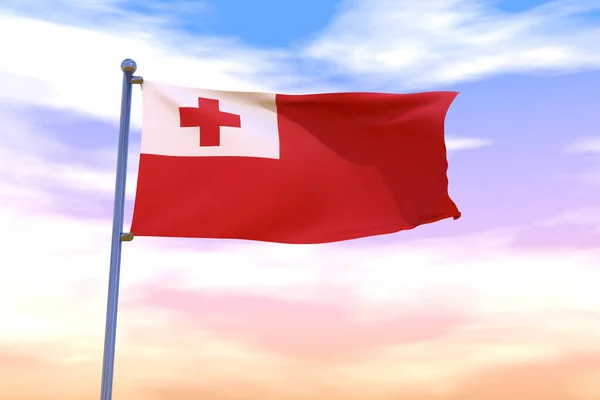 A waving flag of Tonga on a flag pole with the cloudy sky on the background