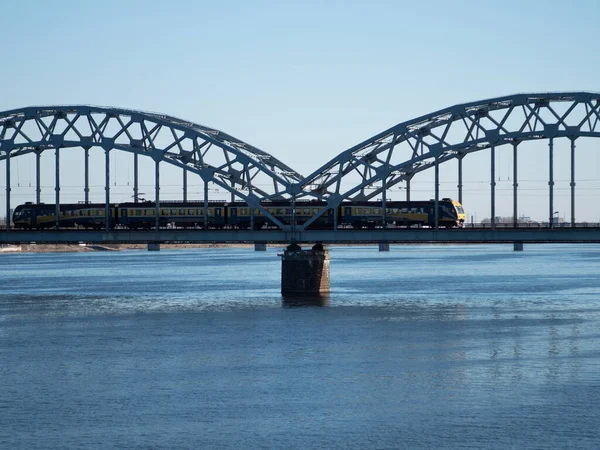 Train Driving Bridge Lake Daytime — Stock Photo, Image