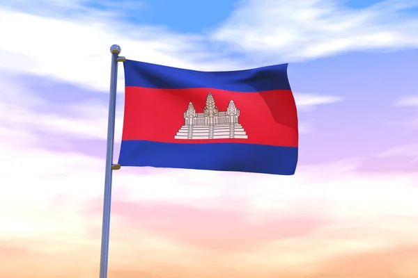 Rendered Waving Flag Cambodia Chrome Flagpole Colorful Sky — Stock Photo, Image