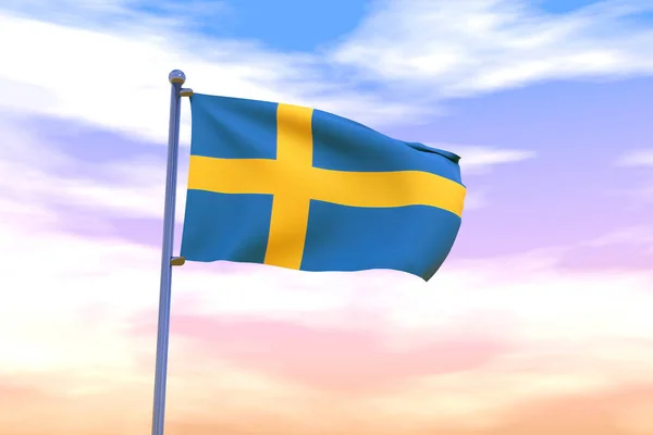 Eine Schwenkende Schwedenfahne Auf Einem Fahnenmast Mit Wolkenverhangenem Himmel Hintergrund — Stockfoto