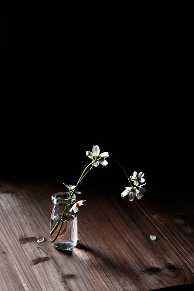 Ahşap Bir Masanın Üzerindeki Şeffaf Bir Çiçek Vazosunun Dikey Yakın — Stok fotoğraf