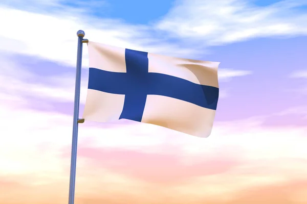 青い空にクロームの旗竿を持つフィンランドの波の旗の3Dイラスト — ストック写真