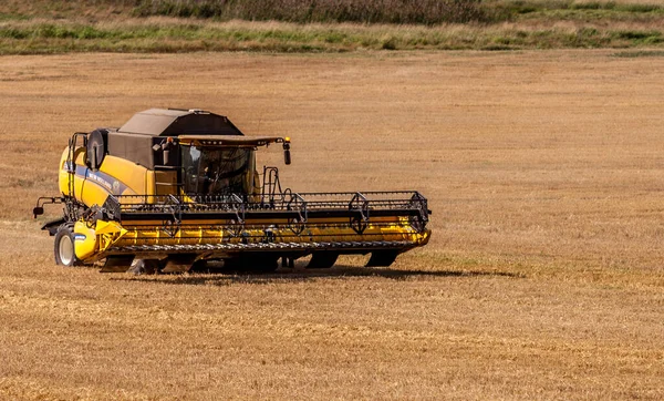 Een Oogstmachine Tijdens Een Stoffige Oogst Zweden Met Groene Bomen — Stockfoto