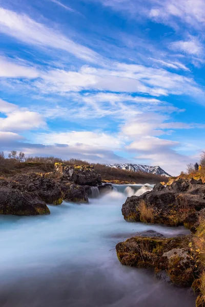 Vertical Landscape Scene Bruarfoss Waterfall Rocks Blue Cloudy Sky Brekkuskogur — Stock Photo, Image